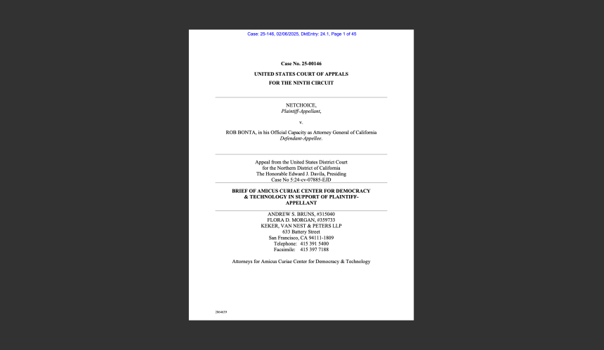 CDT datoteke kratki pregled u slučaju Netchoice protiv Bonta: istaknuta tehnologija za provjeru dobi